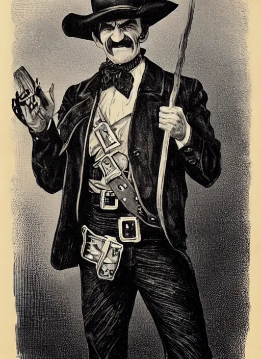 Image similar to Barry Chuckle is the most rootinest, tootinest sheriff of the old West. Lithograph 1889