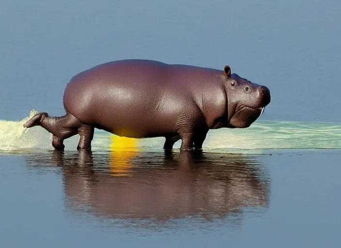 Image similar to a hippo has a propeller on its back instead of its tail and flies over a rainbow which is coming out of a crocs shoe