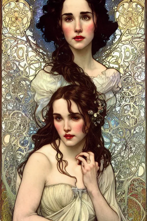 Prompt: realistic detailed face portrait of Jennifer Connelly as fairy tale princess Snow White by Alphonse Mucha, Ayami Kojima, Amano, Charlie Bowater, Karol Bak, Greg Hildebrandt, Jean Delville, and Mark Brooks, Art Nouveau, Neo-Gothic, gothic, rich deep moody colors