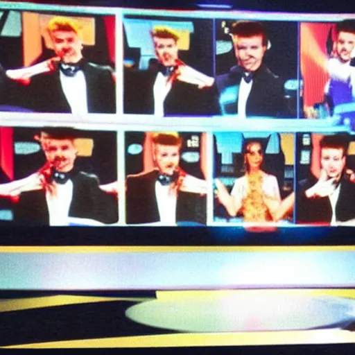 Image similar to rick astley's dance is shown on the tv screens, screens everywhere