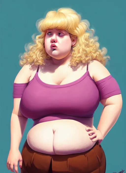 Prompt: full body portrait, teenage betty cooper, blonde hair, obese, bangs, ponytail, sultry, realistic, sultry smirk, fluffy bangs, curly bangs, fat, belly, intricate, elegant, highly detailed, digital painting, artstation, concept art, smooth, sharp focus, illustration, art by wlop, mars ravelo and greg rutkowski