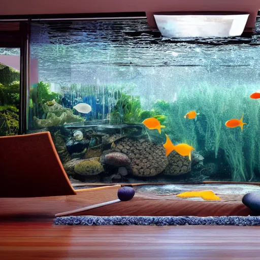 Prompt: wide angle photograph of a fancy living room half - filled with water, fish swimming under and around furnature