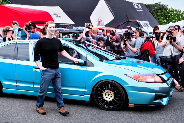 Image similar to mark Zuckerberg and his anime wrapped honda civic at a car show