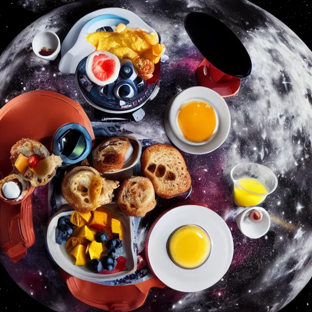 Image similar to breakfast in space, dslr photograph, color graded