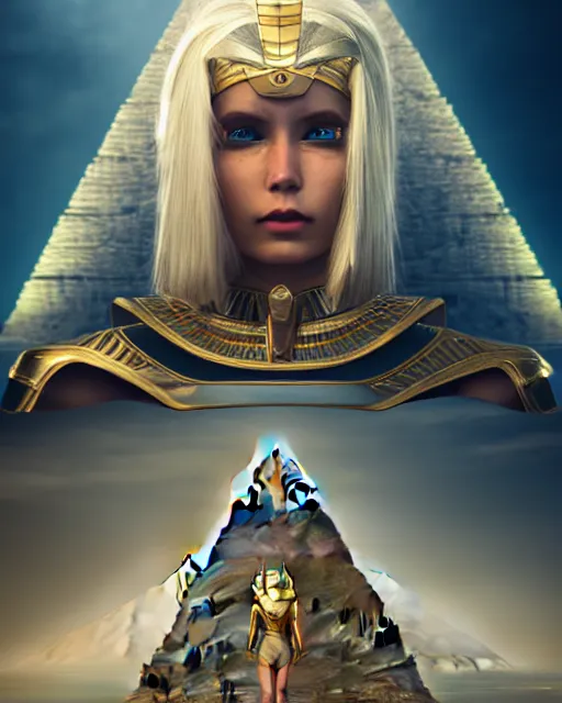 Image similar to girl exploring a pyramid, egyptian cyborg armor, white hair, atmosphere, gold, detailed, intricate, beautiful face, cinematic lighting, trending on artstation, blue eyes, 4 k, focused, extreme details, cinematic, masterpiece, by akihito tsukushi