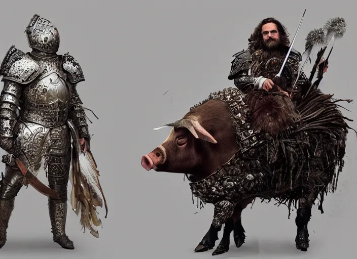 Image similar to digital painting of joaquin phoenix wearing armor made of animals, cow horns, pig nose, sheep wool, chicken feather armor, majestic, by anna podedworna and miklos ligeti, diego maricato, taran fiddler, antonino truisi, chris reddie, jinsung lim, on artstation