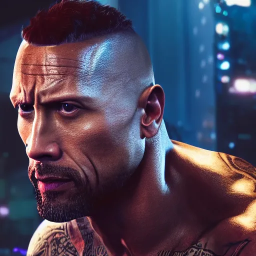 Image similar to dwayne johnson portrait, cyberpunk 2 0 7 7, cyberpunk v, johnny silverhand, photorealistic, ultra detailed, neon, octane, bokeh, cinematic lighting, cyber, cyberpunk city, studio quality, feature, scars, cyberface, 8 k