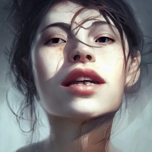 Prompt: a mouth a bit open, two eyes half closed and half a smile on her soul makes a beautiful portrait on the wall. by artgerm, Alina Ivanchenko, Ruan Jia and Mandy Jurgens