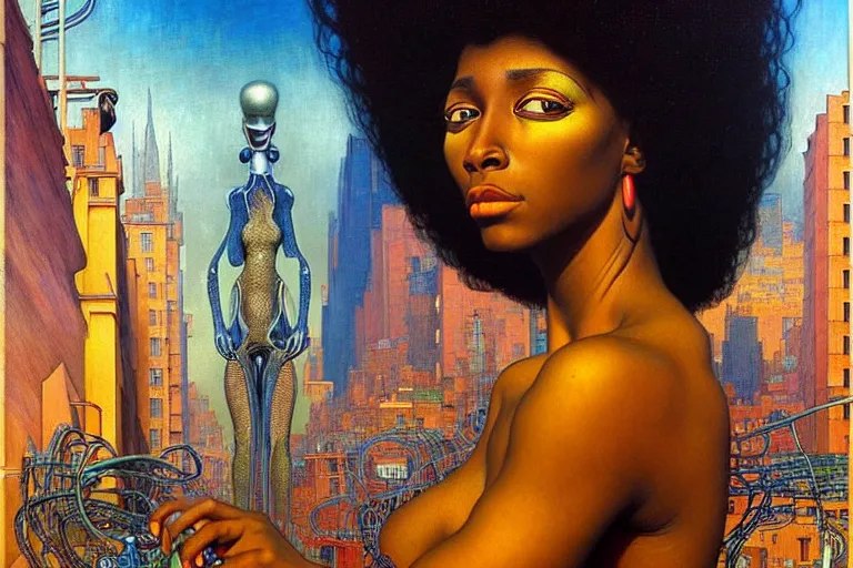 Prompt: realistic extremely detailed portrait painting of a beautiful black woman with a robot, city street on background by Jean Delville, Amano, Yves Tanguy, Ilya Repin, Alphonse Mucha, Ernst Haeckel, James C. Christensen, Edward Robert Hughes, Roger Dean, rich moody colours