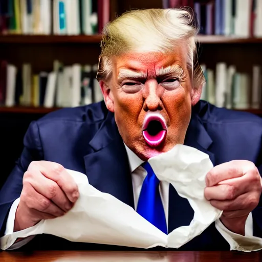 Prompt: candid portrait photo of president trump at his desk eating crumpled up papers shoving them in his mouth, detailed portrait, 4 k, megapixel, sony a 7 s, f / 8, 2 4 mm lens