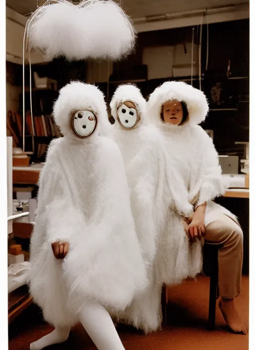 Image similar to realistic photo portrait of the family, white carnival fluffy mask, wearing fluffy cotton cloaks, sitting in the spacious wooden polished and fancy expensive wooden laboratory interior room 1 9 9 0, life magazine reportage photo