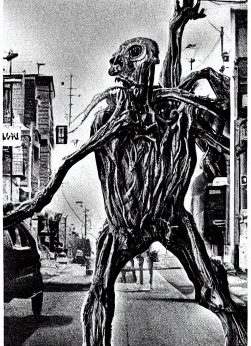 Prompt: disturbing vhs footage of a human monster walking on the street horror practical fx by david cronenberg and terence fisher