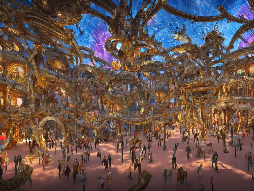 Image similar to interior of a busy elaborate ornate outdoor science museum, cinematic, shadows, 4 k, detailed, by zaha hadid and lisa frank and peter jackson and ridley scott and beeple and greg rutowski