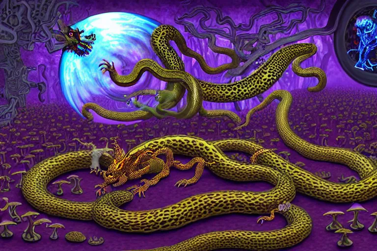 Image similar to a detailed digital art painting of a cyberpunk magick oni dragon with occult futuristic effigy of a beautiful field of mushrooms that is a adorable leopard atomic latent snakes in between ferret biomorphic molecular hallucinations in the style of escher, alex grey, stephen gammell inspired by realism, symbolism, magical realism and dark fantasy, crisp,