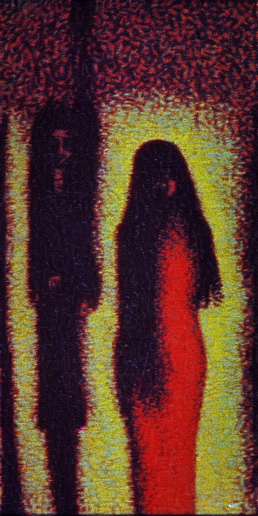 Image similar to a film still of suspiria by dario argento 1 9 7 7 movie, painted by georges seurat, impressionism, points, pointillism, high quality