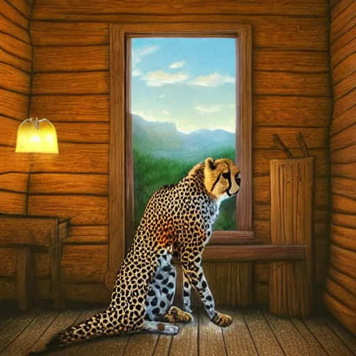 Image similar to a cheetah in a cabin by a lake, artstation, award - winning, serene,