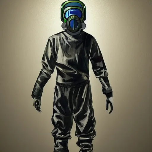 Image similar to teenager wearing a futuristic boiler suit and gas mask, stylised!!! painting, highly detailed, digital art, trending on art station, aesthetic