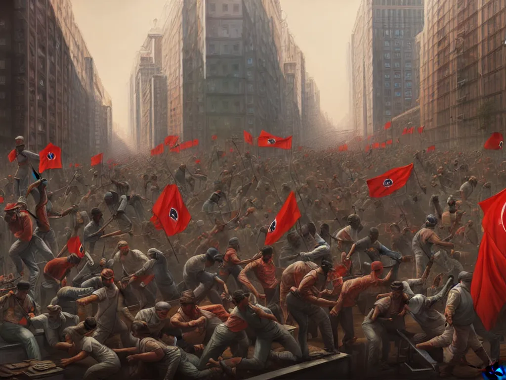 Prompt: the proletariat taking over the means of production in sao paulo, digital painting, highly detailed, 4 k, art by miguel alandia pantoja