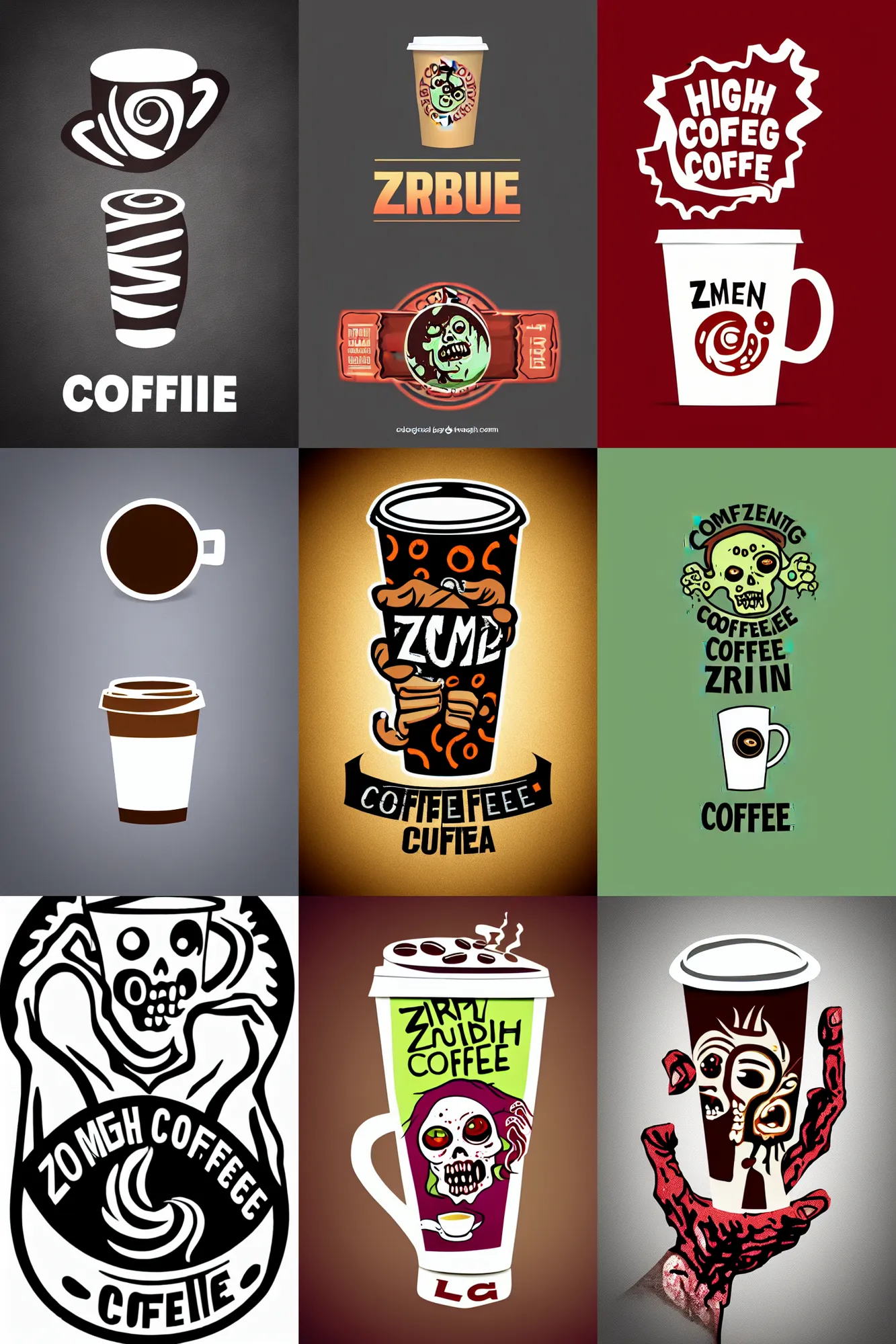 Prompt: logo design, zombie holding coffee cup, high detail spiral design