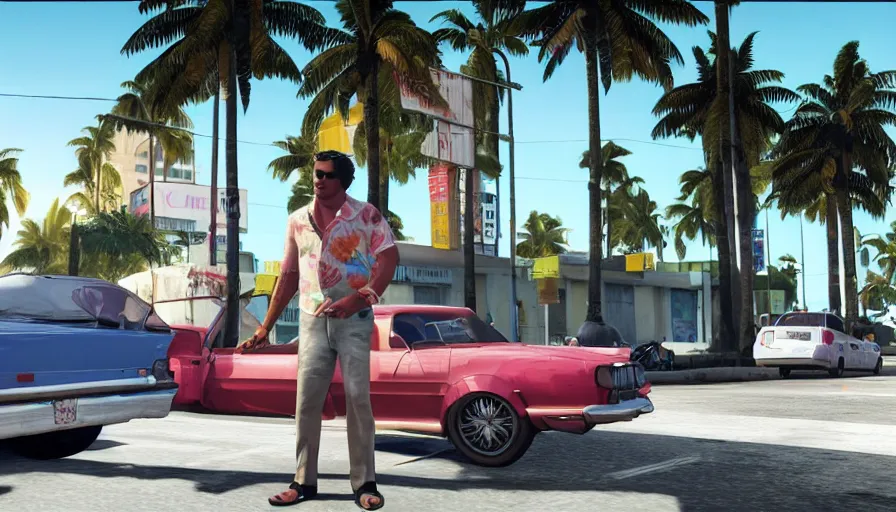 Prompt: in the streets of miami in the style of gtav, full - frame of tommy vercetti, wearing a hawaiian - shirt, as a character from gtav, looking at camera