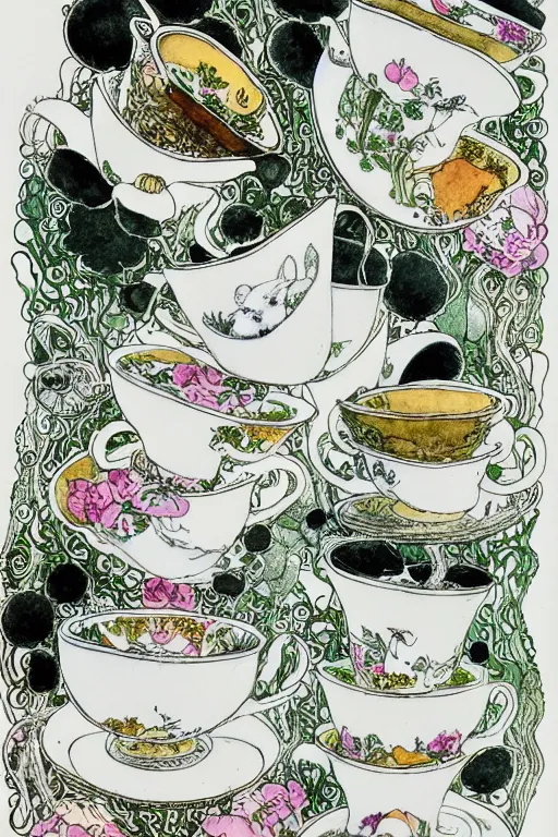 Prompt: tea cups, tea set on table with flowers, white rabbit, detailed art by kay nielsen and walter crane and h j ford, black and white illustration style, watercolor