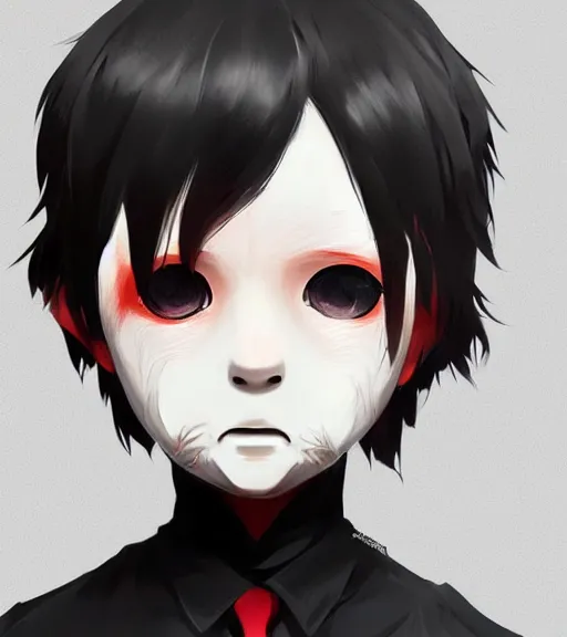 Image similar to beautiful little boy anime character inspired by jason voorhees, art by rossdraws, wlop, ilya kuvshinov, artgem lau, sakimichan and makoto shinkai, concept art, anatomically correct, extremely coherent, realistic, mask, smooth, hd, 8 0 s haircut