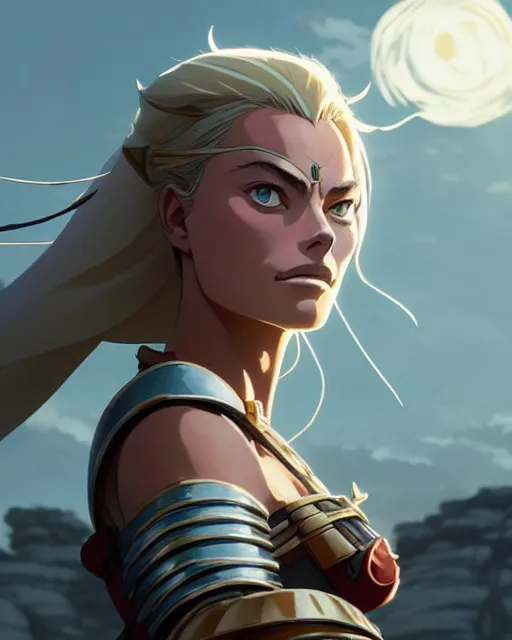 Image similar to azctec warrior, margot robbie, detailed perfect face, exquisite details, fire magic, mid view, design on a white background, by studio muti, greg rutkowski makoto shinkai takashi takeuchi studio ghibli