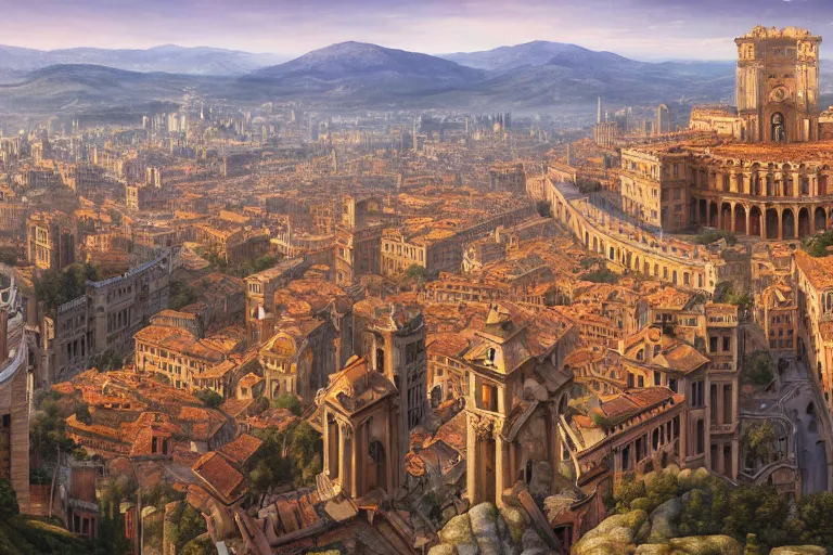 Image similar to an ultra detailed matte landscape painting of an italian renaissance capital city built on top of a large hill with many tall spirally towers, sweeping vista, italian renaissance architecture, ultrawide lens, aerial photography, 8 k, volumetric lighting, smooth, highly detailed, digital illustration, art by greg rutkowski and akira toriyama and artgerm