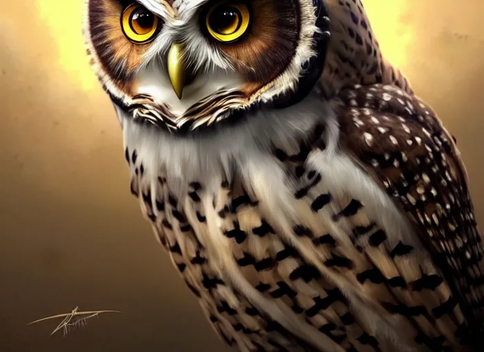 Image similar to portrait of an owl, highly detailed, d & d, fantasy, highly detailed, digital painting, trending on artstation, concept art, sharp focus, illustration, global illumination, ray tracing, realistic shaded, art by artgerm and greg rutkowski and fuji choko and viktoria gavrilenko and hoang lap