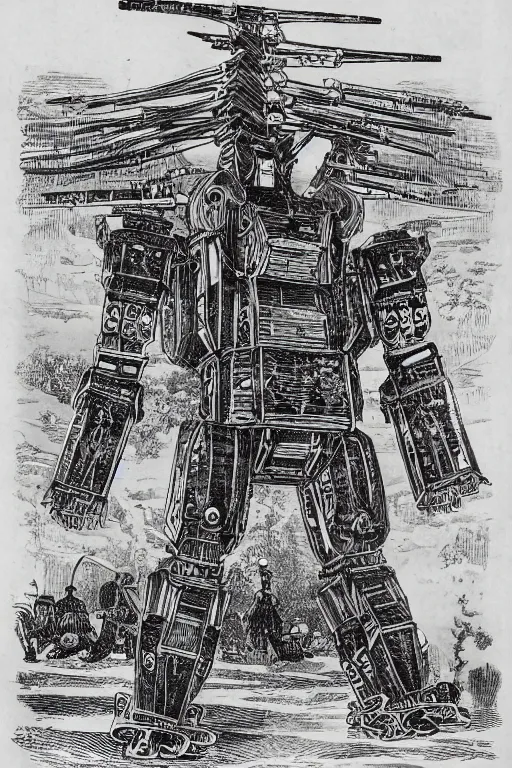 Prompt: 19th century wood-engraving of a Meiji era Japanese bipedal war mecha, whole page illustration from Jules Verne book, art by Édouard Riou Jules Férat and Henri de Montaut, high quality, beautiful, highly detailed, removed watermarks