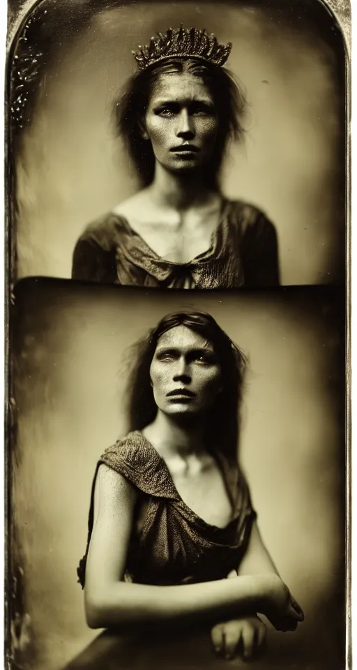 Prompt: a wet plate photograph, a portrait of a strikingly beautiful woman with regal features