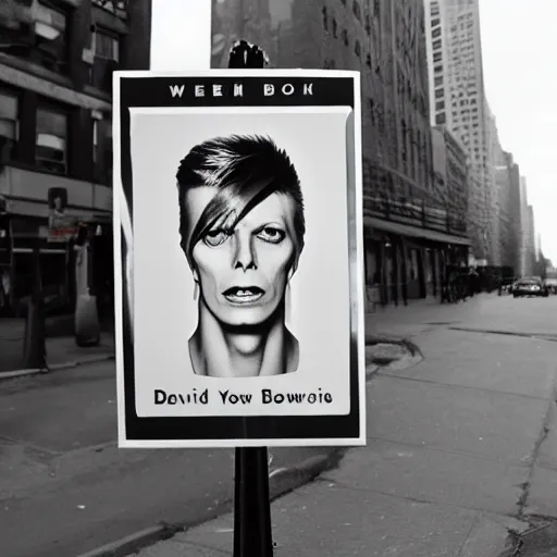 Prompt: Emotional pictures of David Bowie printed on a New York street sign in the style of WEEGEE , 8k, b/w photorealistic imagery, trending on artstation, artstationHQ, artstationHD