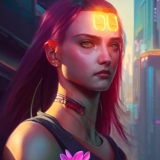 Image similar to an athletic humanoid girl with a flower, cyberpunk 2070, synthwave, highly detailed, digital painting, artstation, concept art, sharp focus, illustration, art by artgerm and greg rutkowski and alphonse mucha