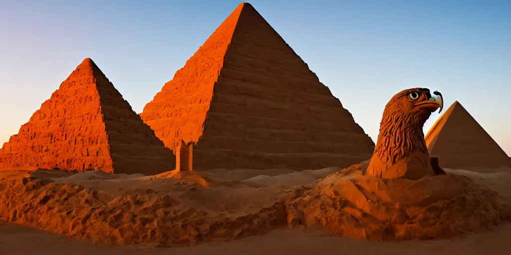 Image similar to A giant sand sculpture of an eagle head standing in the middle of a desert, next to a pyramid. Hyperrealistic photograph, golden hour