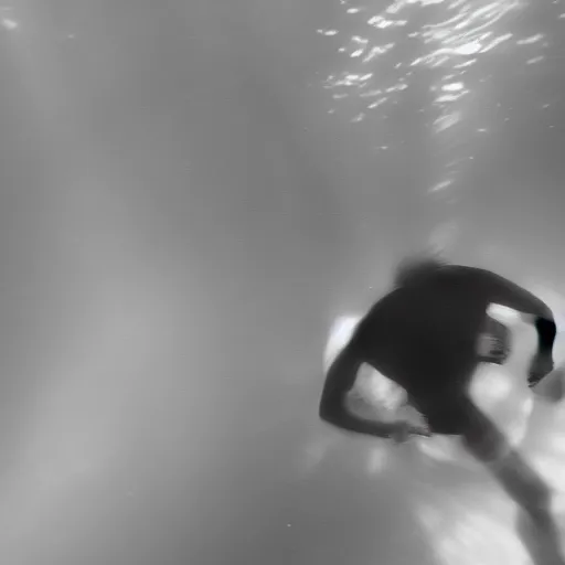 Image similar to an abstract photograph of a lonely male shadowy figure, underwater, motion blur, 35 mm, black-and-white