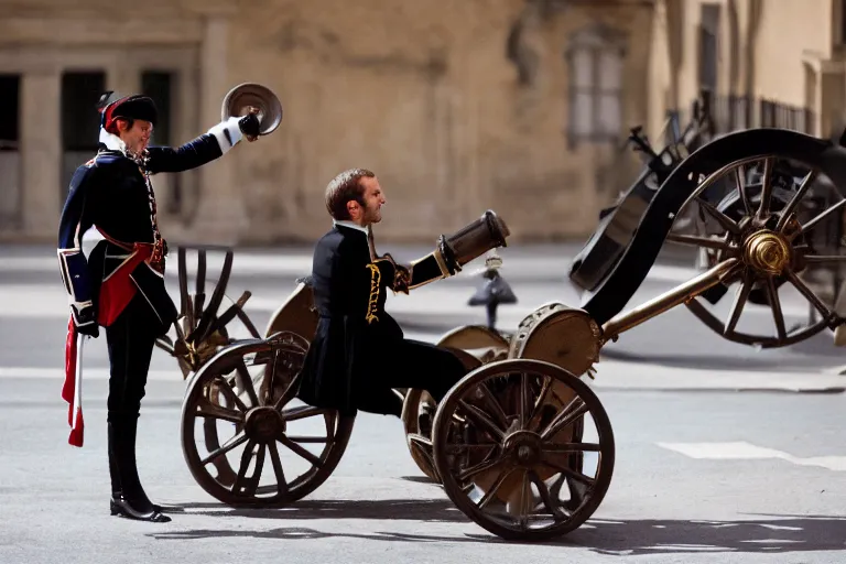 Prompt: closeup portrait of emmanuel macron dressed as napoleon dragging a cannon in the street, natural light, sharp, detailed face, magazine, press, photo, steve mccurry, david lazar, canon, nikon, focus