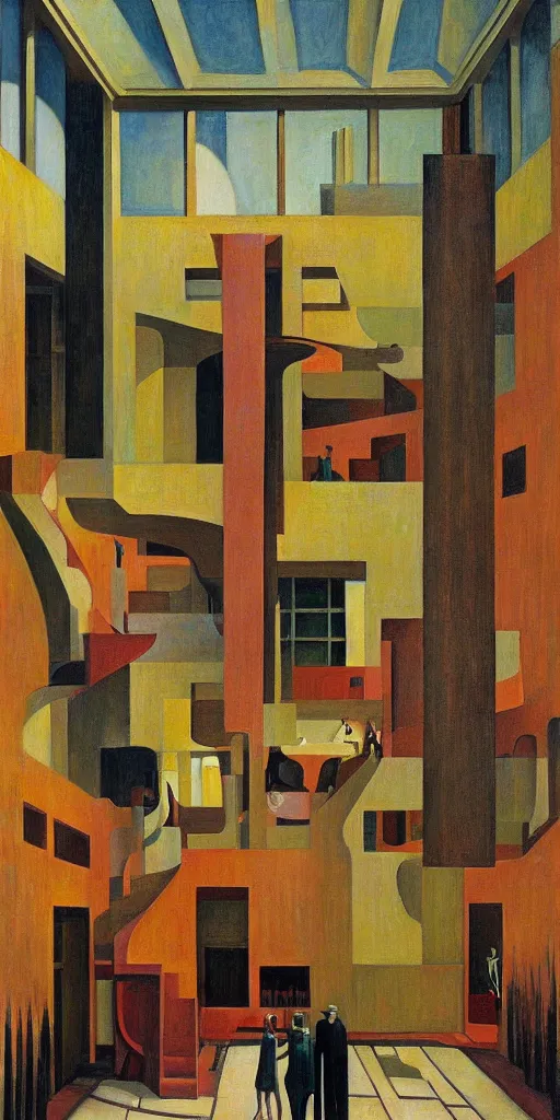 Image similar to fantastical brutalist atrium, grant wood, pj crook, edward hopper, colorful, oil on canvas