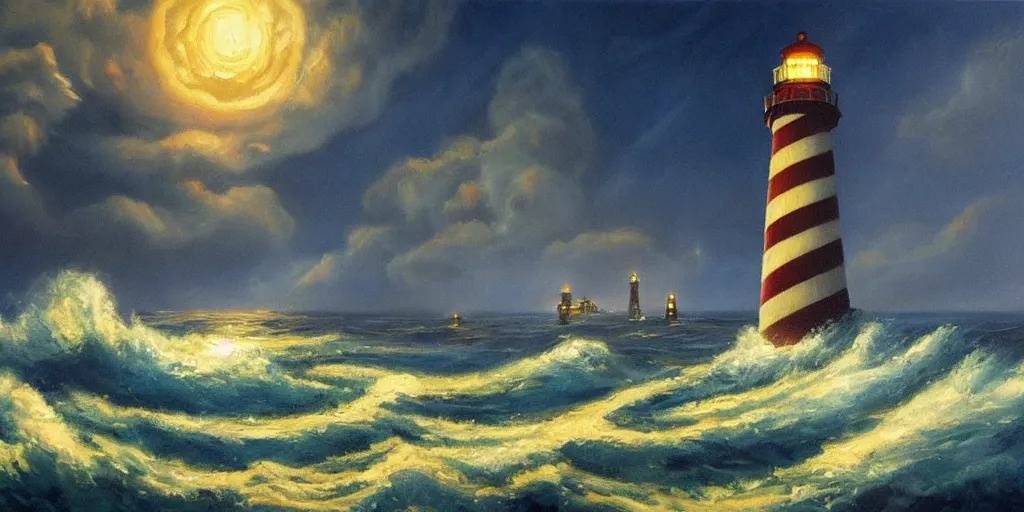 Prompt: An oil painting of a lighthouse on a raging sea at night, moonlight shining through the clouds, BioShock