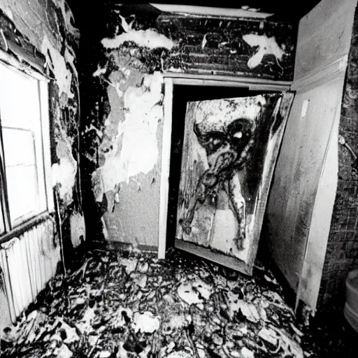 Image similar to 1 9 9 3, disposable camera, flash, old abandoned house, creature, standing, meat, ooze, slime, veins, wet