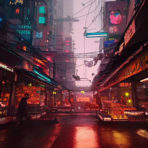 Image similar to market place in a cyberpunk city, nighttime, raining, intricate artwork by Tooth Wu and wlop and beeple, octane render, hyper realism, 8k