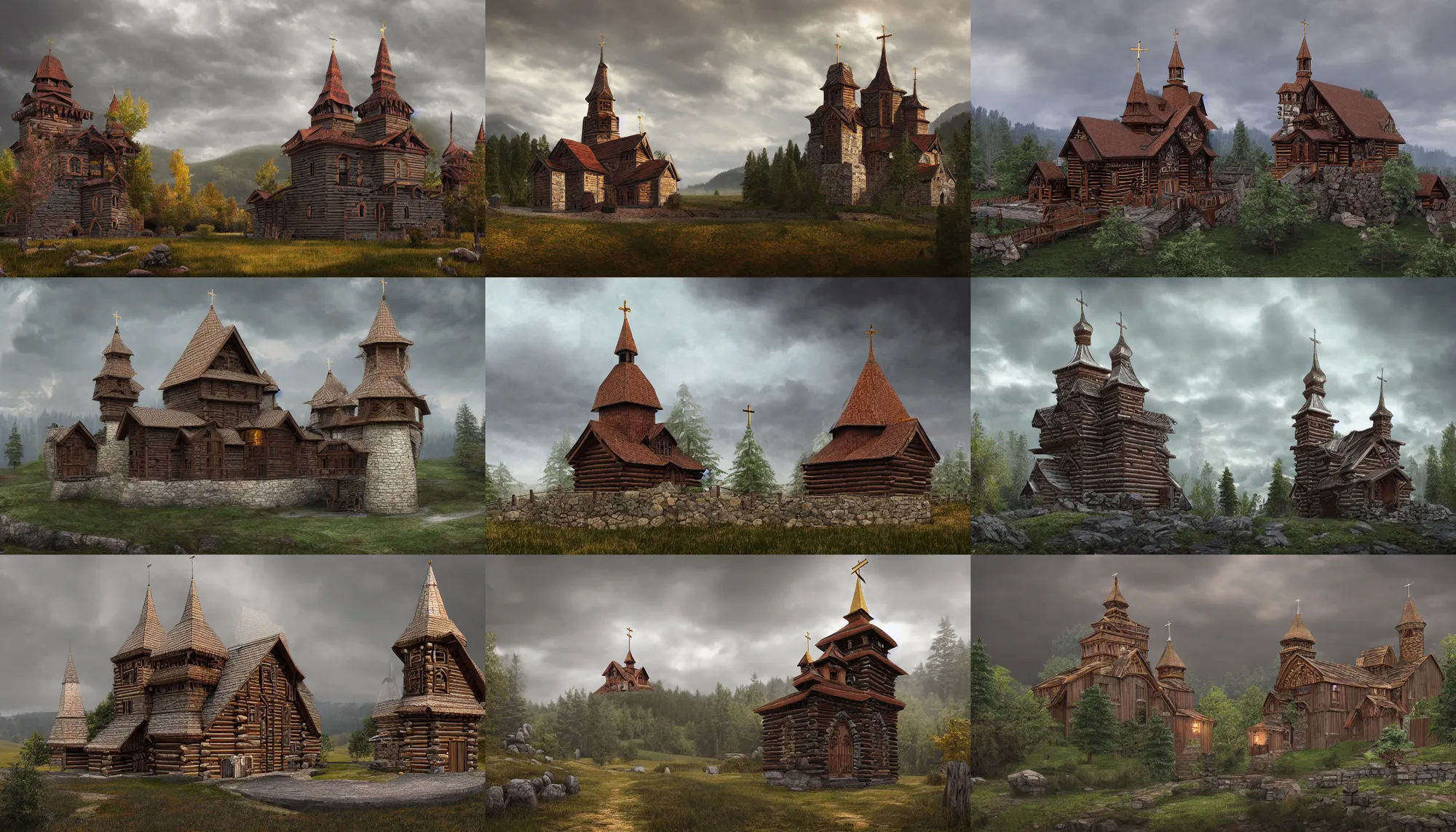 Prompt: tall castle enclosed palisaded, with christian wooden churches and domes on them, log houses built on hills, slavic, russian, slovenian, tartarian architecture, contrasting, gray skies, hyper - detailed, artstation, cgsociety, 8 k