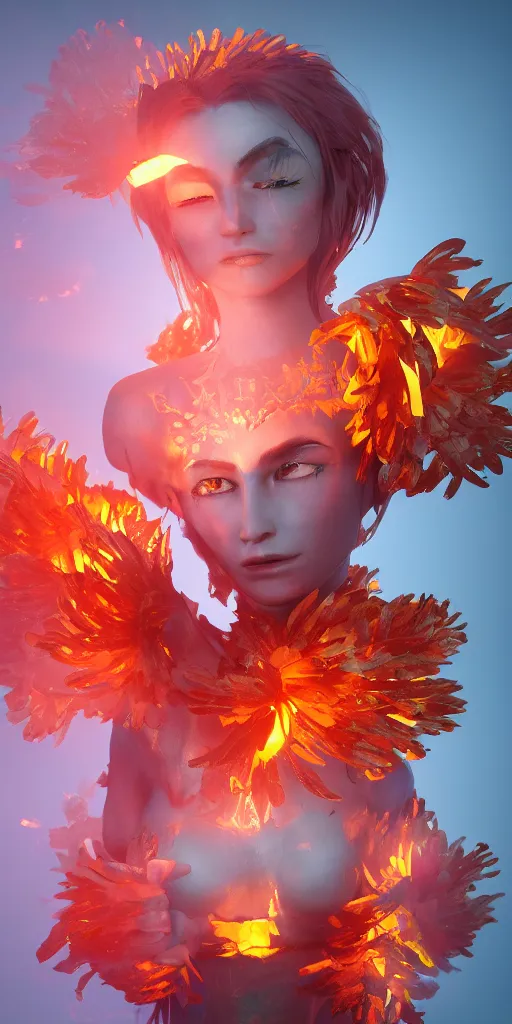 Image similar to Rerolling prompt underworld dungeon, closeup of an anthropomorphic fire goddess wrapped in a flowing couture flaming tissue paper, holographic chrysanthemums, fire origami flowers, heavenly light, 3D, very detailed, octane render, trending ArtStation, artgem