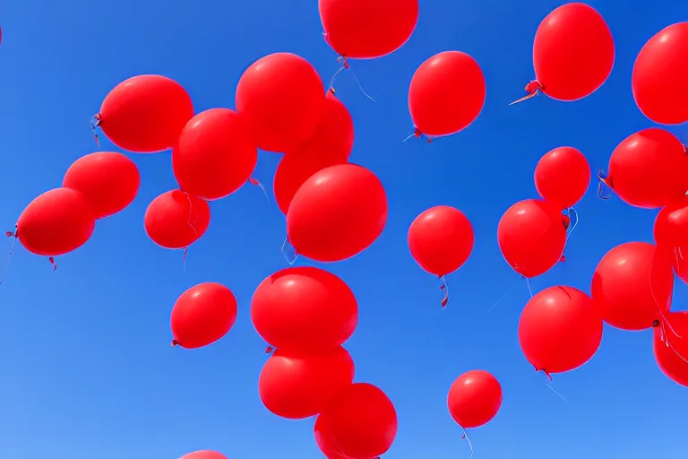 Prompt: 99 red balloons fly over the towers of the Moscow Kremlin and red square, sunny day, deep blue sky, some clouds, award winning photo, ultra realistic, 18mm Lens