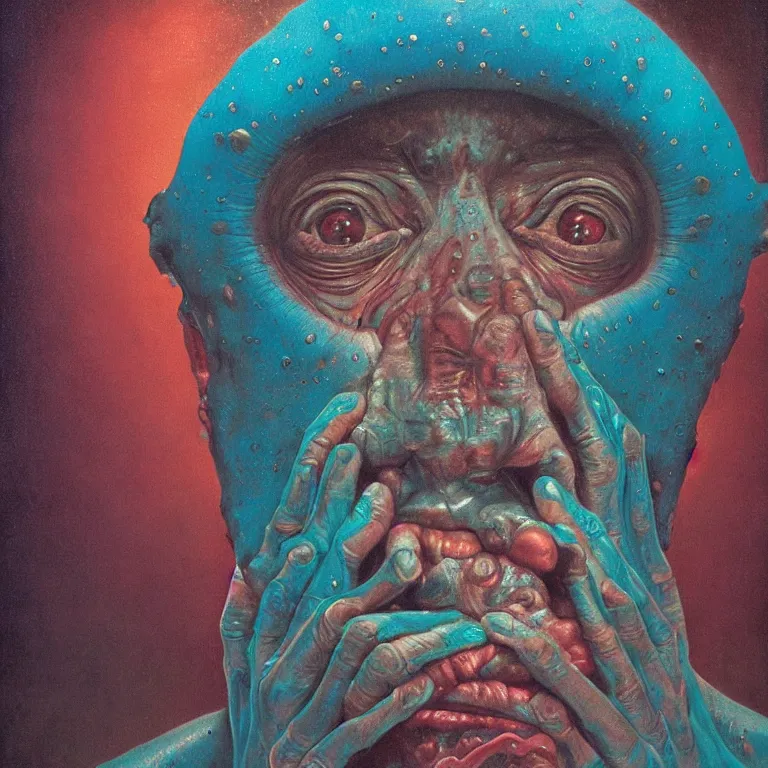 Prompt: Hyperrealistic intensely colored close up studio Photograph portrait of a deep sea bioluminescent Chad Everett, symmetrical face realistic proportions eye contact, sitting in His throne underwater, award-winning portrait oil painting by Norman Rockwell and Zdzisław Beksiński vivid colors high contrast hyperrealism 8k