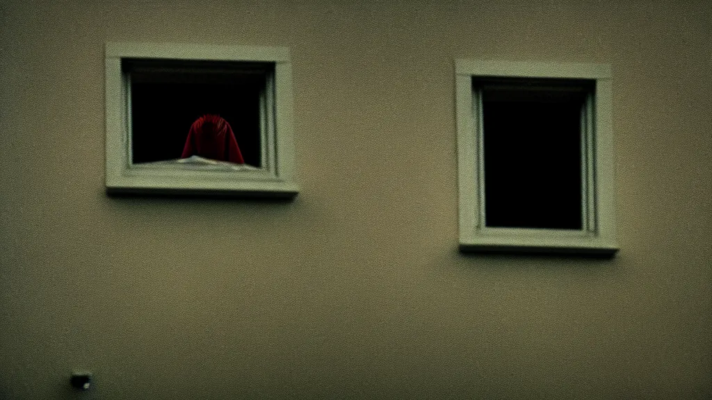 Image similar to a strange creature looks into your window, film still from the movie directed by Denis Villeneuve with art direction by Zdzisław Beksiński, close up, telephoto lens, shallow depth of field