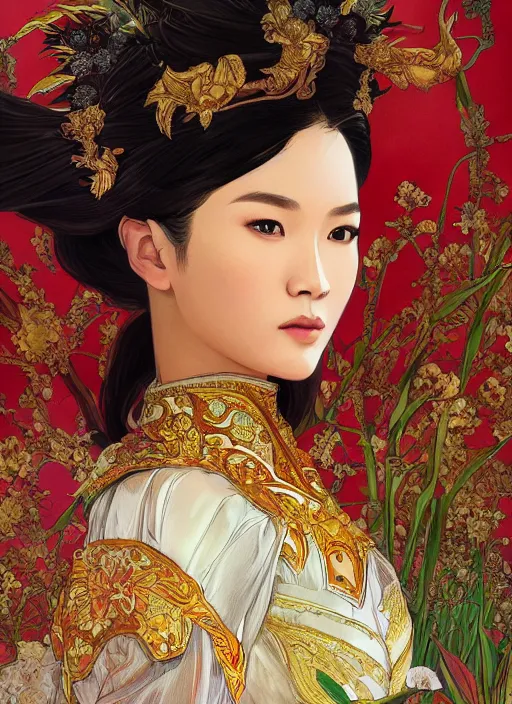 Image similar to portrait of an vietnam supermodels wearing traditional costume, highly detailed, digital painting, artstation, concept art, sharp focus, illustration, art by kittichai rueangchaichan and james gurney and alphonse mucha