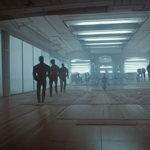 Prompt: a large futuristic dojo, shot by roger deakins, night time, dim cinematic lighting, low ceiling, david fincher movie