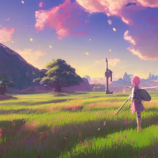 Image similar to pastel landscape of an anime field. clean sharp digital art, environment concept art, by rossdraws, ghibli, breath of the wild, greg rutkowski