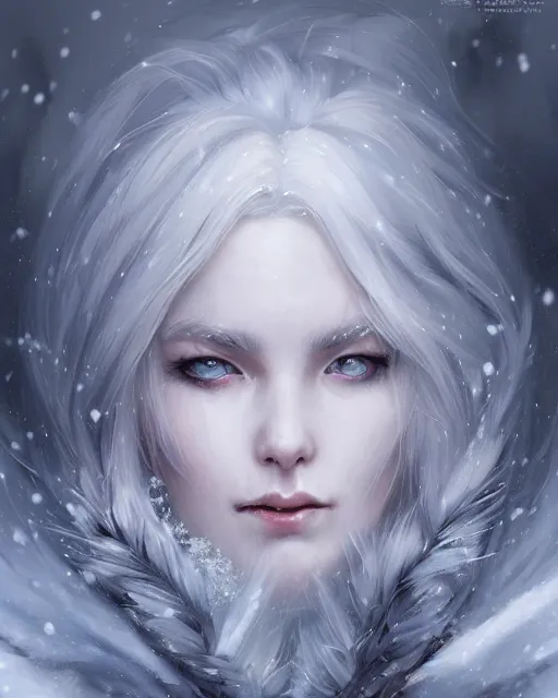 Image similar to a beautiful snow sorceress, flowy white grey hair, grey eyes, winter, frozen, snow, cinematic lighting, highly detailed, digital painting, trending on artstation, pixiv, concept art, sharp focus, illustration, art by ross tran and wlop, dark art