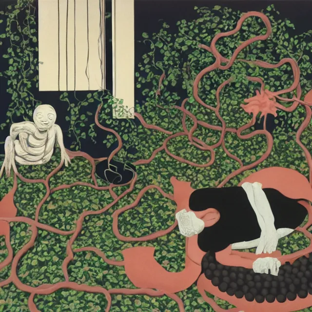 Prompt: a female pathology student in her apartment, wrapped in vines, medical equipment, zen, stepping stones, octopus, pig, black walls, ikebana, black armchair, sculpture, acrylic on canvas, surrealist, by magritte and monet